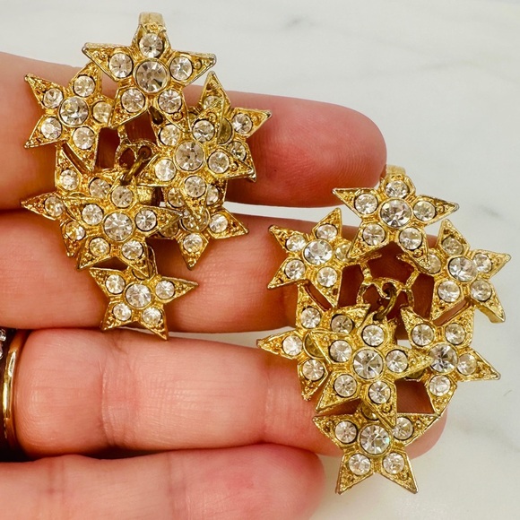 Vintage 80s Star Cluster Earrings Clip On Crystal Disco Glam Articulated Dangle - Picture 1 of 9